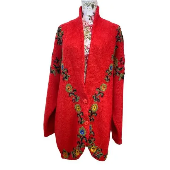 VTG Cervelle Red Bulky, Chunky, Shawl Collar Cardigan, Puff Sleeves, Wool Med - Picture 1 of 8